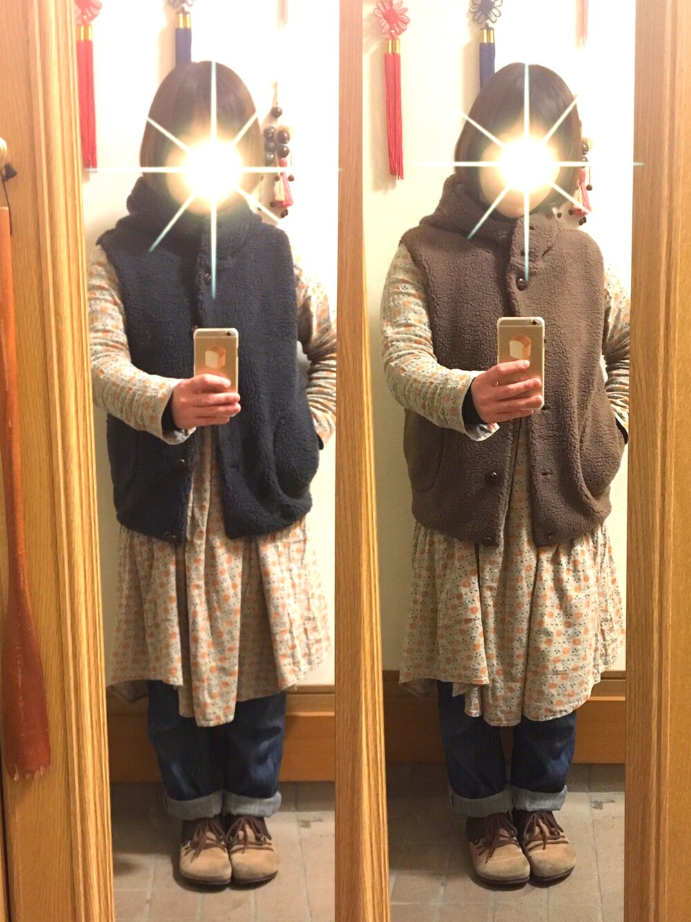「今日のコーデ、モコモコアウター、もこもこベスト、なんちゃってビルケン、なんちゃってモンタナ」｜「？のアイテム（ベスト、グレー系）」を使った、まっきさん（レディース・148cm）の冬コーディネートの1枚目の写真