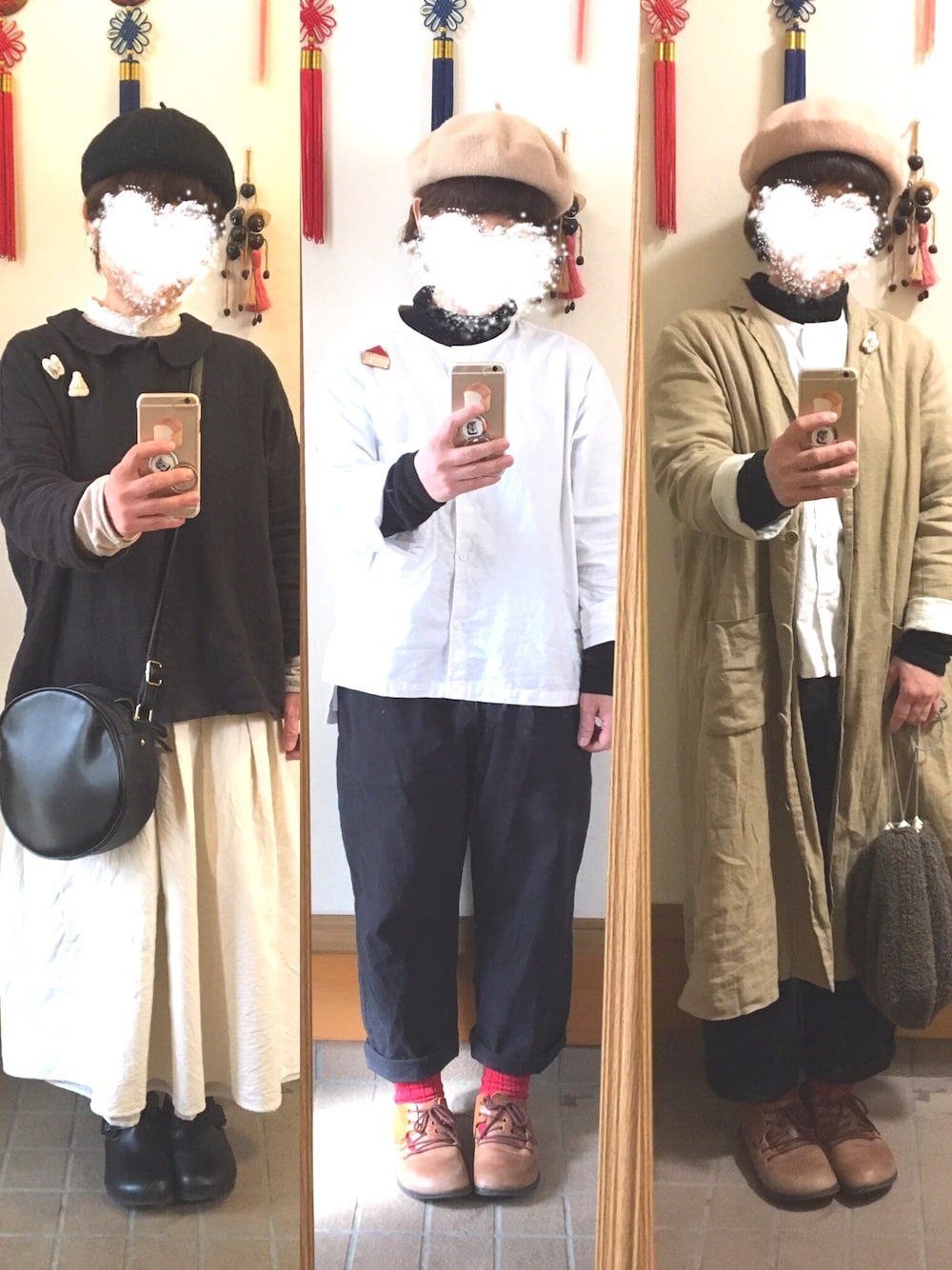 「今日のコーデ、ベレー帽、赤靴下、モノトーン」｜「HEAVENLYのアイテム（シャツ/ブラウス、ブラック系）」を使った、まっきさん（レディース・148cm）の冬コーディネートの1枚目の写真