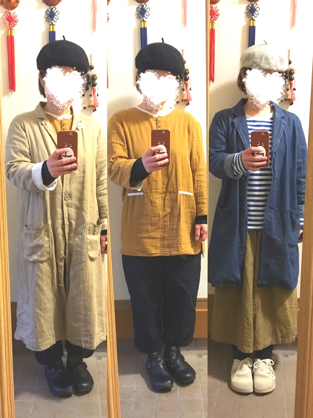 「今日のコーデ、シンプルコーデ、ベレー帽、春コーデ、モンタナ、ロンドン、デニムチェスター、チェスターコート」｜「self+seavesのアイテム（トップス、ブラウン系）」を使った、まっきさん（レディース・148cm）の春コーディネートの1枚目の写真