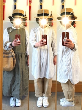 「POU DOU DOU（プードゥドゥ）のアイテム（シャツワンピース）」を使った、まっきさん（レディース・148cm）の春コーディネート