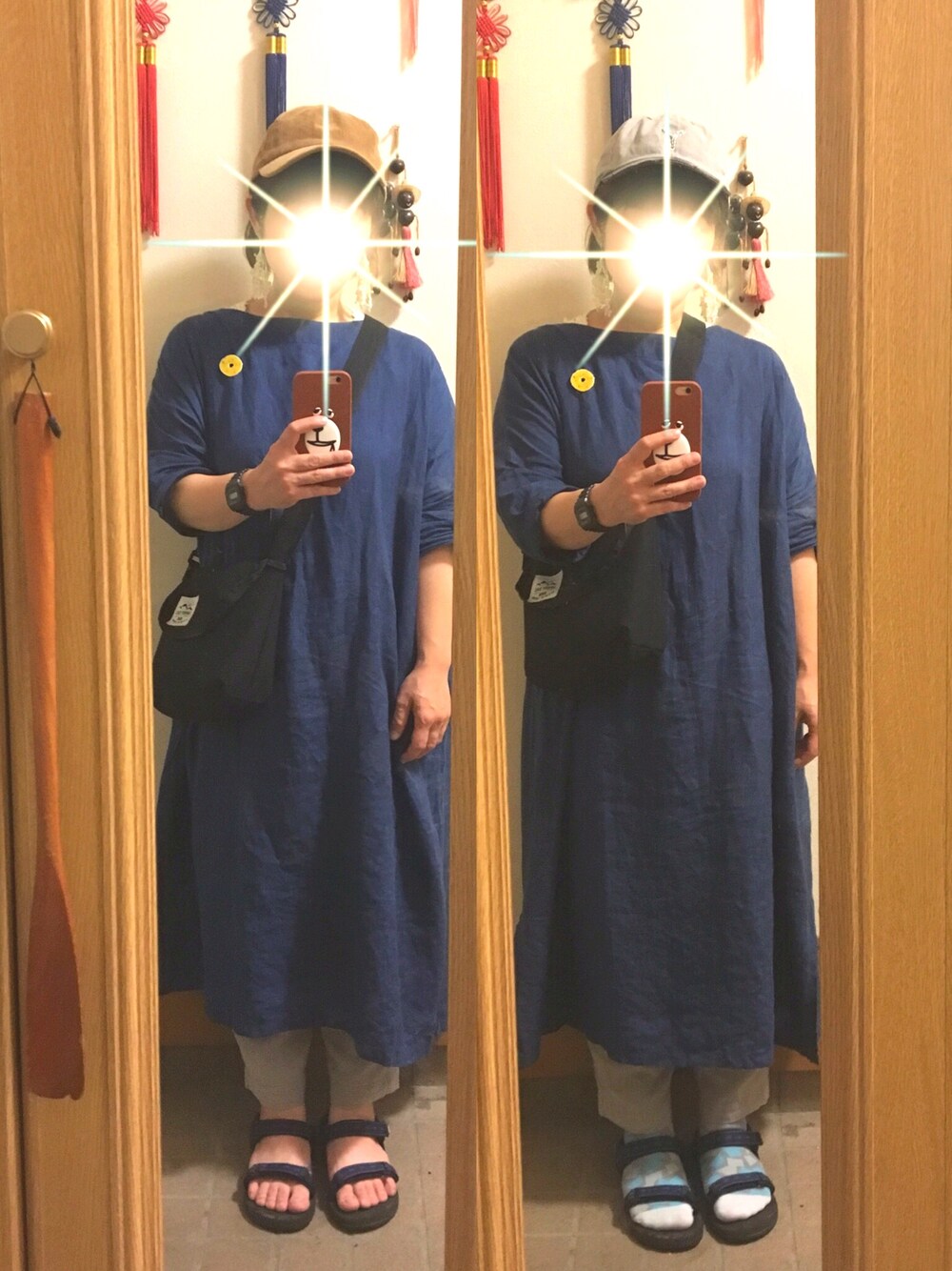 「今日のコーデ、今日の服、ワンピースコーデ、ミックスコーデ、サンダル、サンダルに靴下、キャップ」｜「マルシェで購入のアイテム（ワンピース、ブルー系）」を使った、まっきさん（レディース・148cm）の夏コーディネートの1枚目の写真