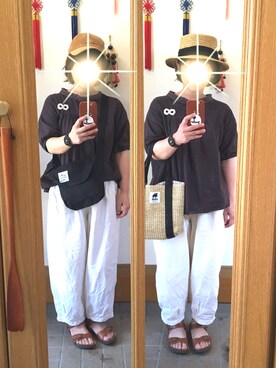 「ミックスコーデ」｜「アイテム（帽子）」を使った、まっきさん（レディース・148cm）の夏コーディネート