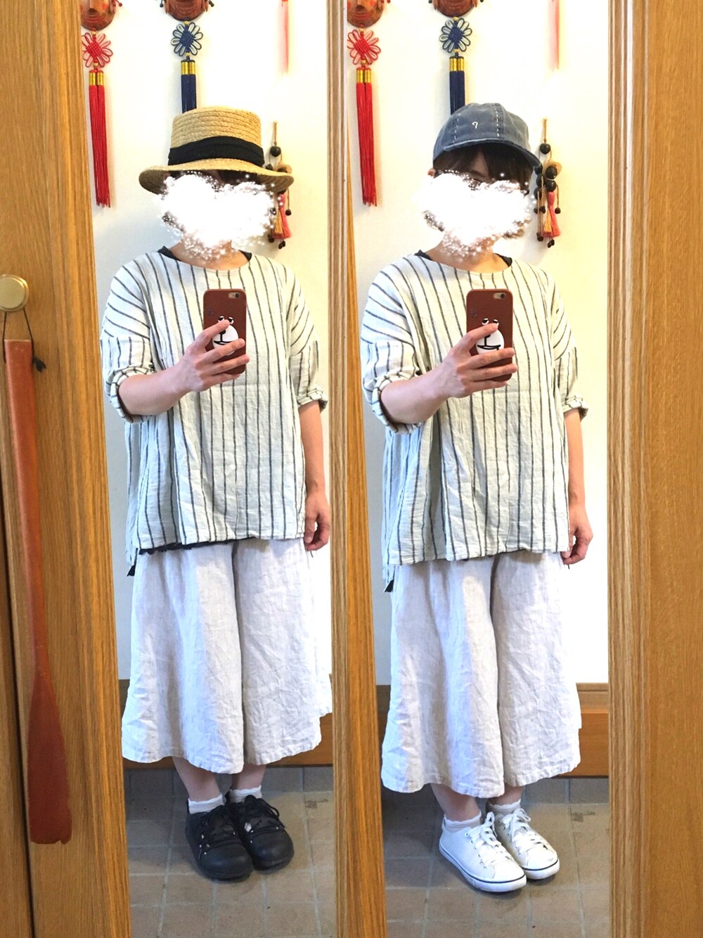 「今日のコーデ、今日の服、ナチュラル、ミックスコーデ、キャップ、麦わら帽子、モノトーンコーデ」｜「CLOUDNINEのアイテム（シャツ/ブラウス、ホワイト系）」を使った、まっきさん（レディース・148cm）の秋コーディネートの1枚目の写真