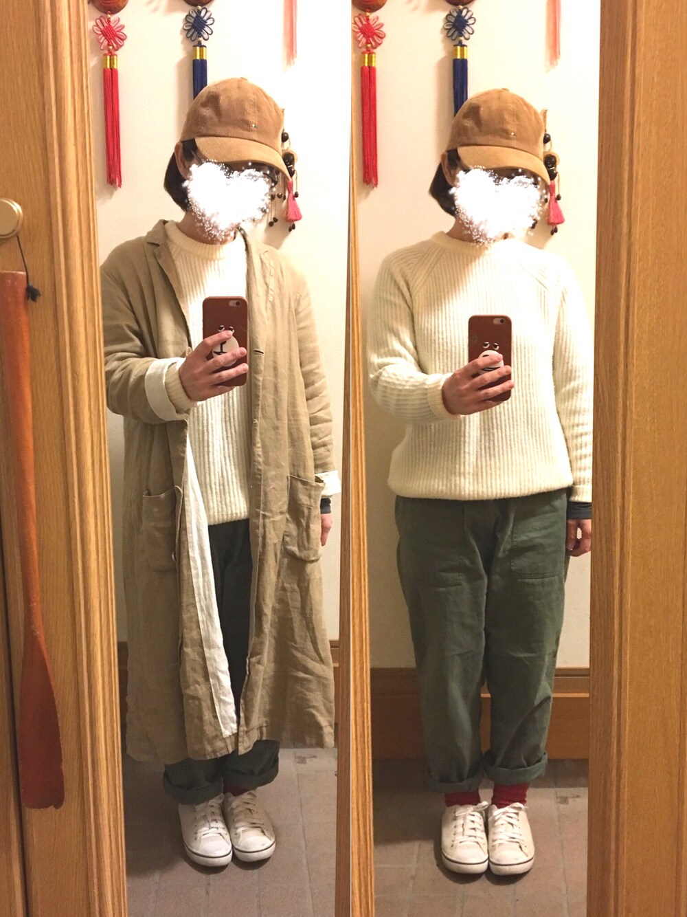 「今日の服、今日のコーデ、キャップ、白とカーキ、赤靴下」｜「GUのアイテム（ニット/セーター、ホワイト系）」を使った、まっきさん（レディース・148cm）の秋コーディネートの1枚目の写真