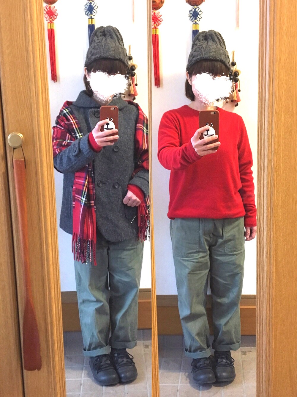 「今日のコーデ、ニット帽、赤とカーキ、モンタナ」｜「UNIQLOのアイテム（ニット/セーター、レッド系）」を使った、まっきさん（レディース・148cm）の冬コーディネートの1枚目の写真