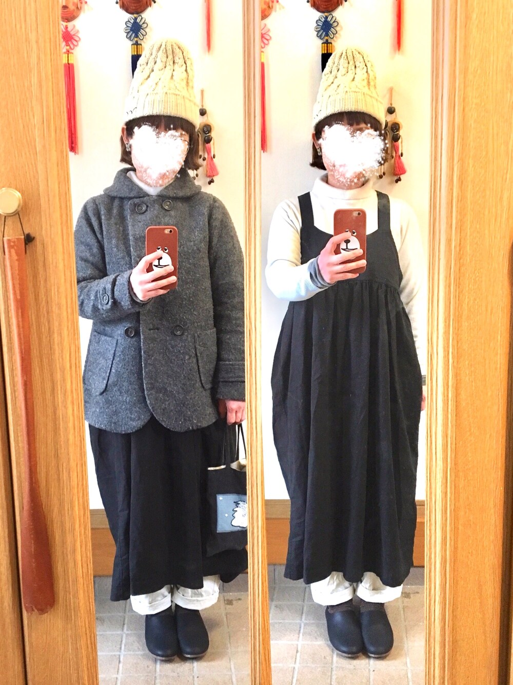 「今日のコーデ、今日の服、ニット帽、モノトーンコーデ」｜「LEAFのアイテム（ワンピース/ドレス、ブラック系）」を使った、まっきさん（レディース・148cm）の冬コーディネートの1枚目の写真