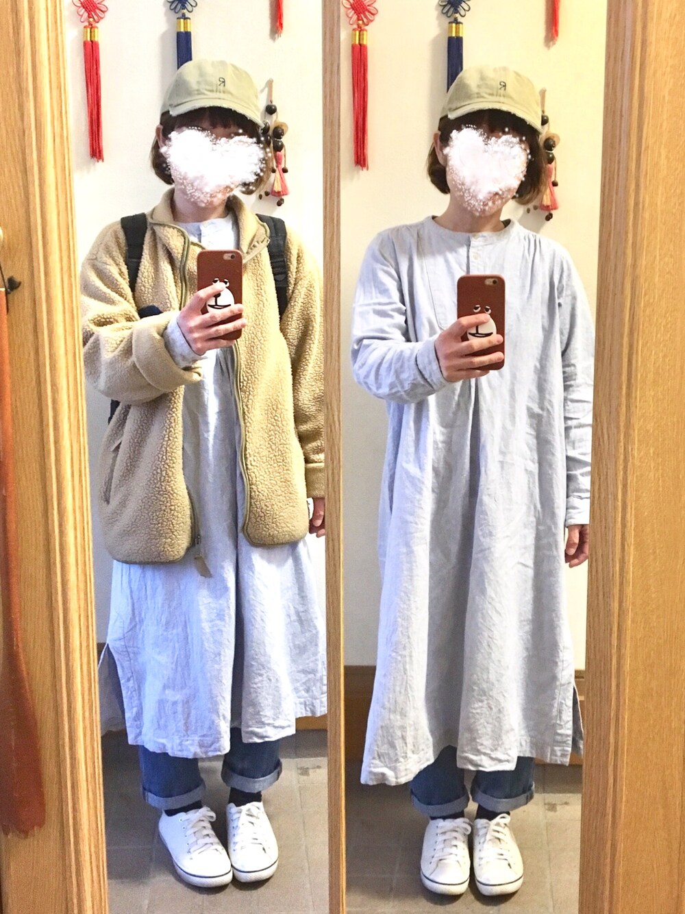 「今日のコーデ、今日の服、古着、ミックスコーデ」｜「Samansa Mos2のアイテム（シャツワンピース、ブルー系）」を使った、まっきさん（レディース・148cm）の春コーディネートの1枚目の写真