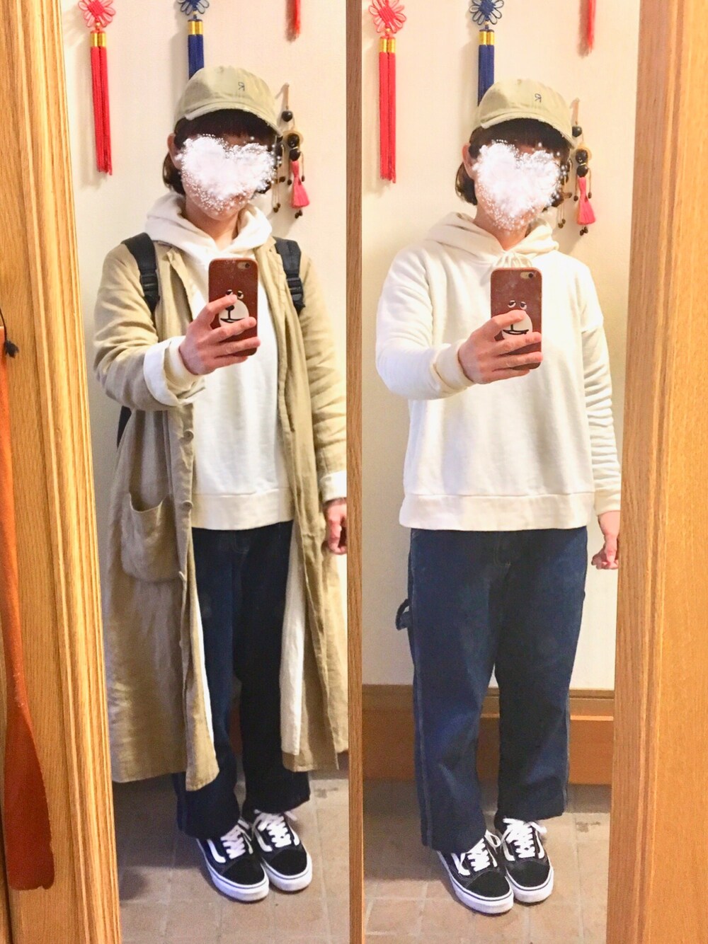 「今日のコーデ、今日の服、古着、ペインターパンツ、パーカー、キャップ、スニーカー」｜「無印良品のアイテム（パーカー、ホワイト系）」を使った、まっきさん（レディース・148cm）の春コーディネートの1枚目の写真