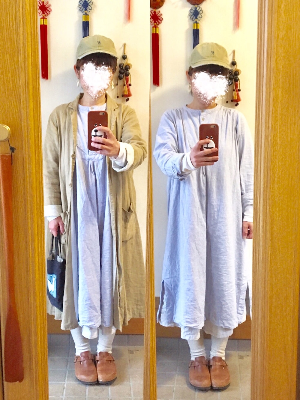 「今日のコーデ、今日の服、キャップ、古着、ボストン」｜「Samansa Mos2のアイテム（シャツワンピース、ブルー系）」を使った、まっきさん（レディース・148cm）の春コーディネートの1枚目の写真