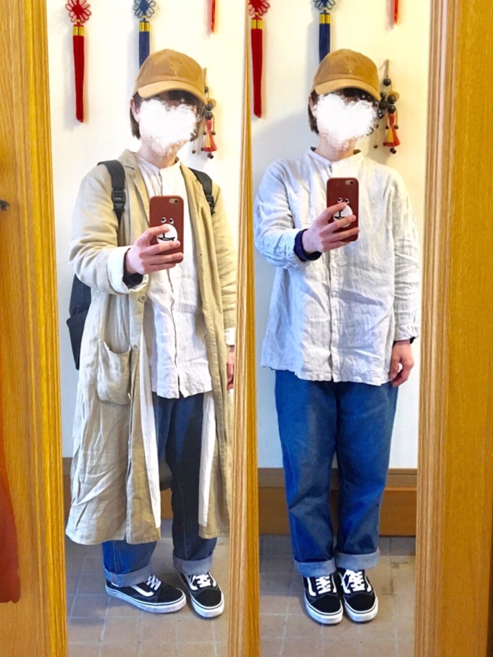 「今日のコーデ、今日の服、キャップ、古着、リネンシャツ、ゆるデニム」｜「SUN VALLEYのアイテム（シャツ/ブラウス、ベージュ系）」を使った、まっきさん（レディース・148cm）の春コーディネートの1枚目の写真