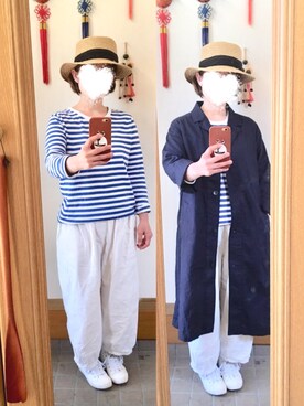 「麦わら帽子」｜「アイテム（チェスターコート）」を使った、まっきさん（レディース・148cm）の春コーディネート