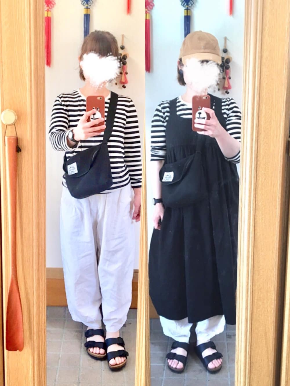 「今日のコーデ、今日の服、キャップ、ミックスコーデ、アリゾナ、サンダル、モノトーン」｜「無印良品のアイテム（Tシャツ/カットソー、ブラック系）」を使った、まっきさん（レディース・148cm）の春コーディネートの1枚目の写真