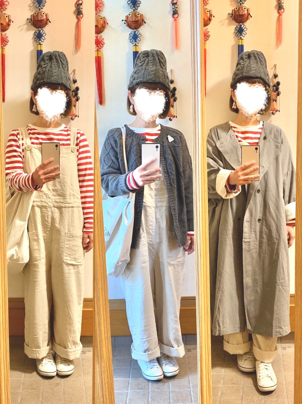 「今日のコーデ、今日の服、イロチ買い、ニット帽、ボーダー、オーバーオール」｜「Samansa Mos2のアイテム（帽子、グレー系）」を使った、まっきさん（レディース・148cm）の秋コーディネートの1枚目の写真