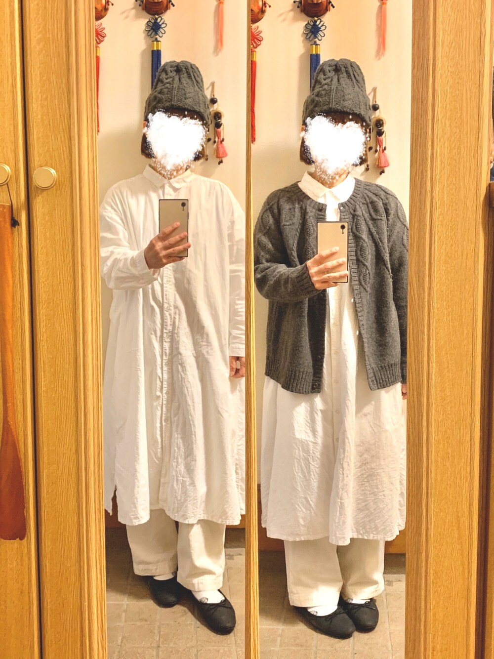 「今日のコーデ、今日の服、ニット、ニット帽、シャツワンピ、バレエシューズ」｜「Samansa Mos2のアイテム（帽子、グレー系）」を使った、まっきさん（レディース・148cm）の秋コーディネートの1枚目の写真