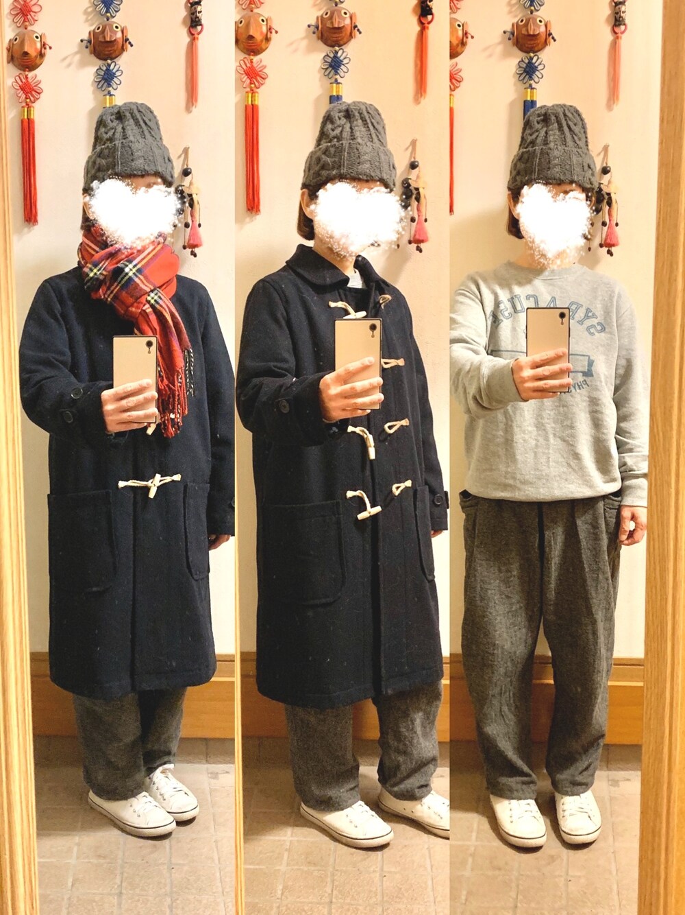 「今日のコーデ、今日の服、ニット帽、シンプル、古着、プチプラ、ゆるコーデ」｜「Samansa Mos2のアイテム（ダッフルコート、ブルー系）」を使った、まっきさん（レディース・148cm）の冬コーディネートの1枚目の写真