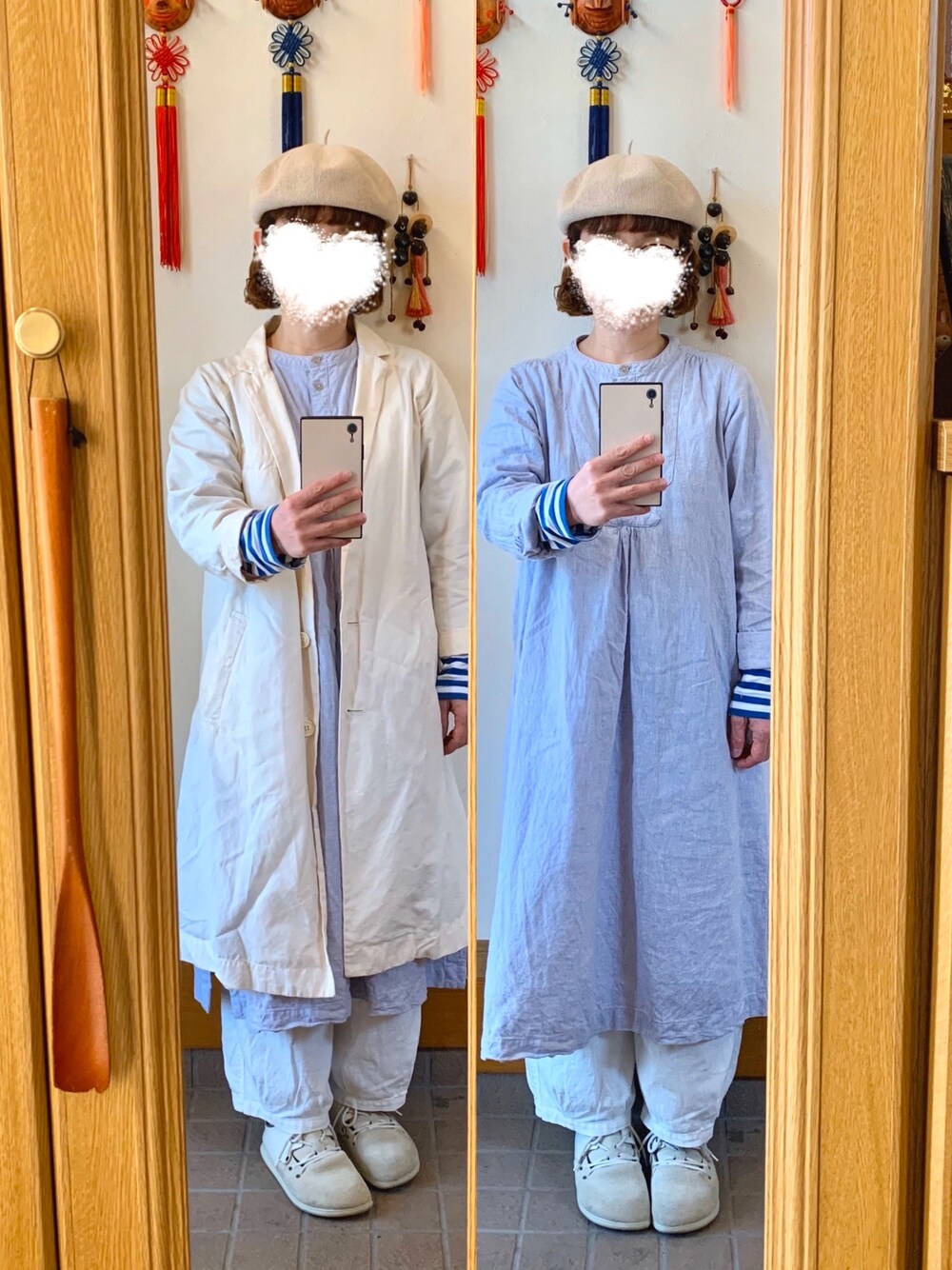 「今日のコーデ、今日の服、ベレー帽、春コーデ、古着」｜「Samansa Mos2のアイテム（シャツワンピース、ブルー系）」を使った、まっきさん（レディース・148cm）の春コーディネートの1枚目の写真