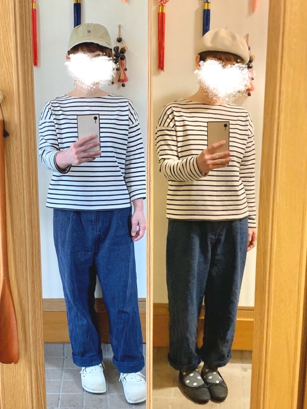 「今日のコーデ、今日の服、シンプルコーデ、カジュアルコーデ、モンタナ、バレエシューズ、ボーダー」｜「earth music&ecologyのアイテム（Tシャツ/カットソー、ホワイト系）」を使った、まっきさん（レディース・150cm）の春コーディネートの1枚目の写真