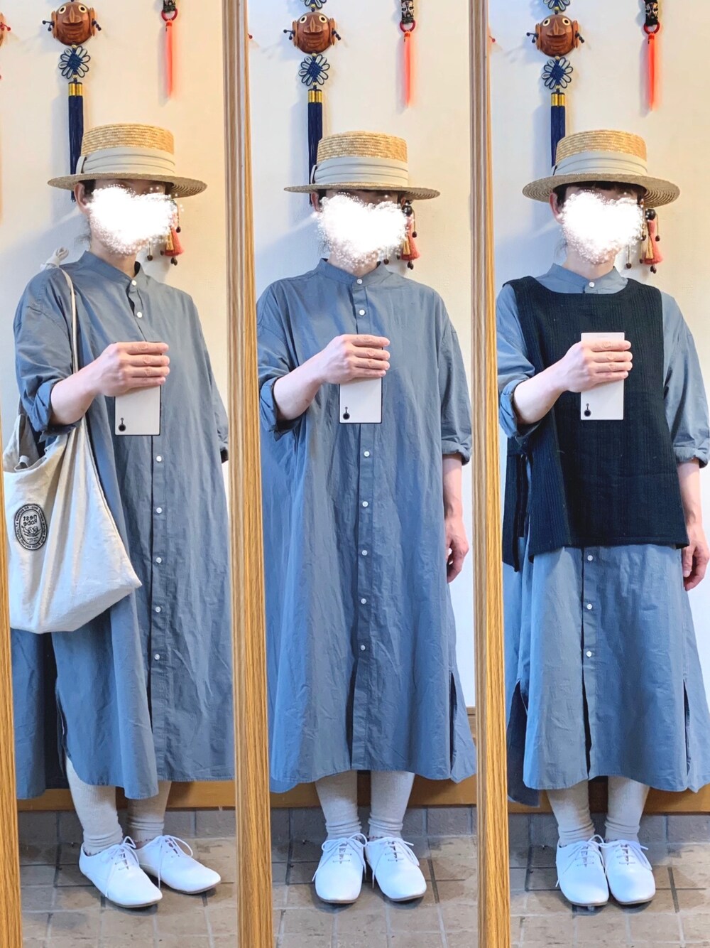 「今日のコーデ、今日の服、むぎわら帽子、カンカン帽、くすみブルー、ベスト、シャツワンピ、スタンドカラー」｜「14+のアイテム（ハット、グレー系）」を使った、まっきさん（レディース・150cm）の夏コーディネートの1枚目の写真