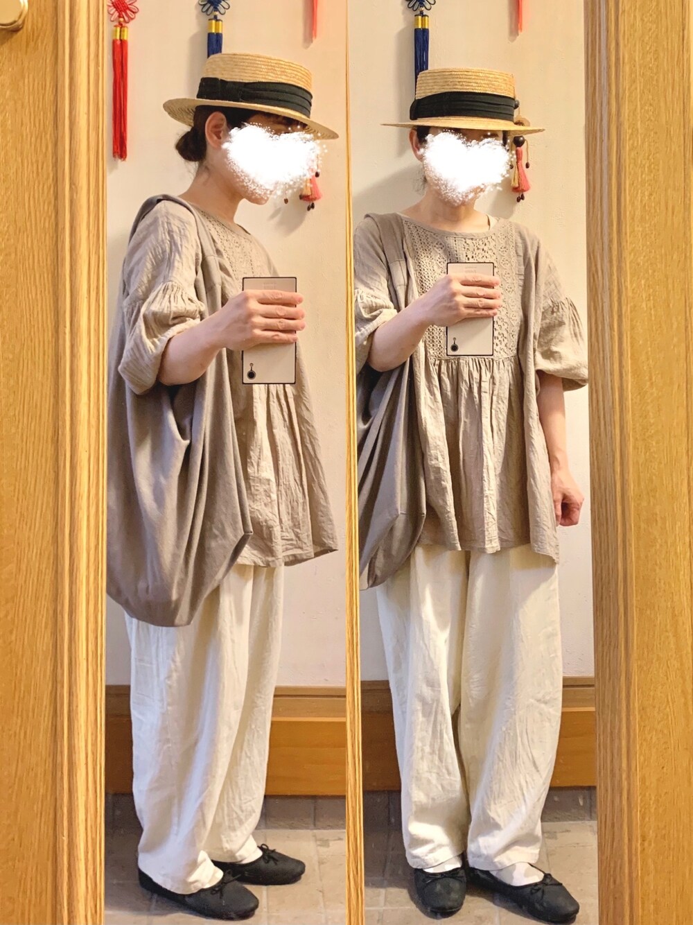 「今日のコーデ、今日の服、カンカン帽、麦わら帽子、バレエシューズ」｜「14+のアイテム（ハット、ブラック系）」を使った、まっきさん（レディース・150cm）の夏コーディネートの1枚目の写真