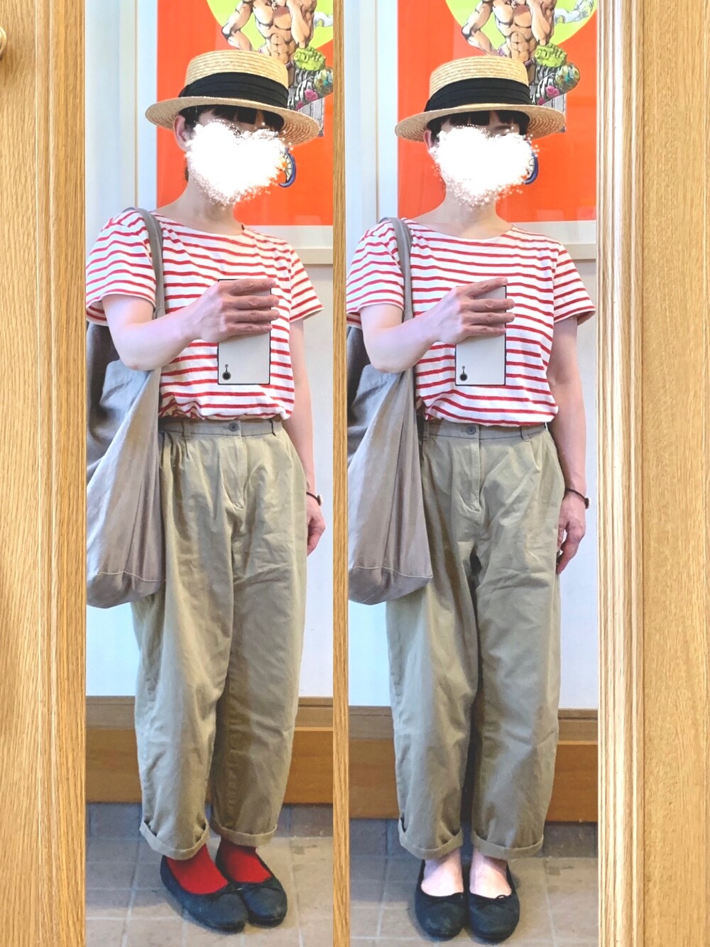 「今日のコーデ、今日の服、カンカン帽、麦わら帽子、ボーダー、バレエシューズ」｜「14+のアイテム（ハット、ブラック系）」を使った、まっきさん（レディース・150cm）の夏コーディネートの1枚目の写真