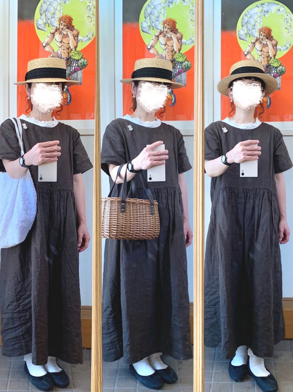 「今日のコーデ、今日の服、ガーリー、カンカン帽、麦わら帽子、バレエシューズ、秋色」｜「14+のアイテム（ハット、ブラック系）」を使った、まっきさん（レディース・150cm）の夏コーディネートの1枚目の写真