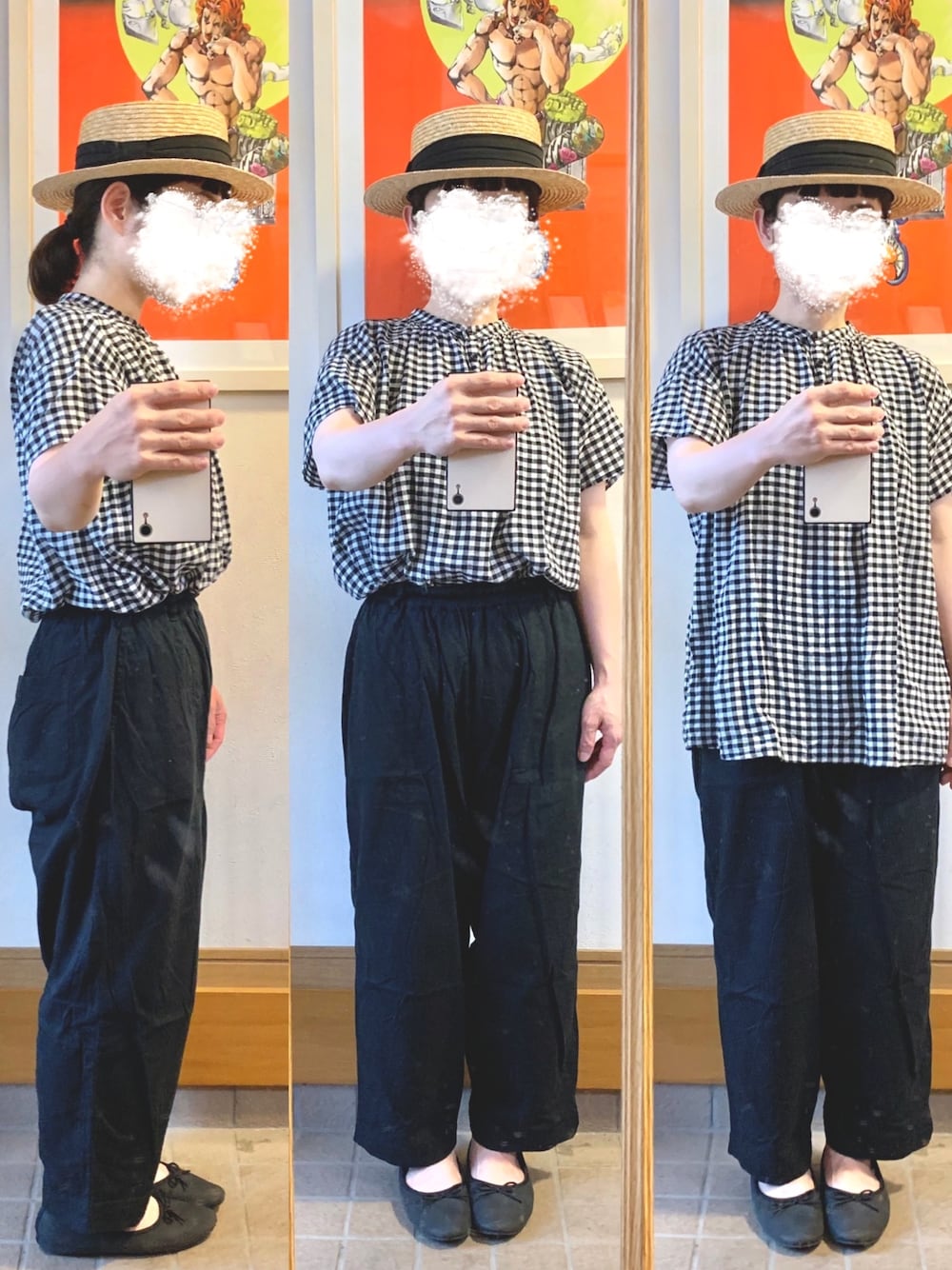 「今日のコーデ、今日の服、カンカン帽、麦わら帽子、ギンガムチェック、モノトーン、バレエシューズ」｜「14+のアイテム（ハット、ブラック系）」を使った、まっきさん（レディース・150cm）の秋コーディネートの1枚目の写真