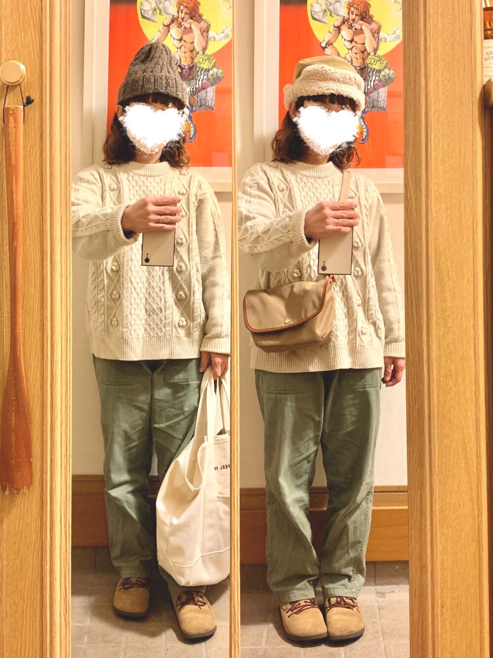 「今日のコーデ、今日の服、ニット帽、ニット、ケーブルニット、白とカーキ、モンタナ」｜「しまむらのアイテム（ニット/セーター、ホワイト系）」を使った、まっきさん（レディース・150cm）の秋コーディネートの1枚目の写真