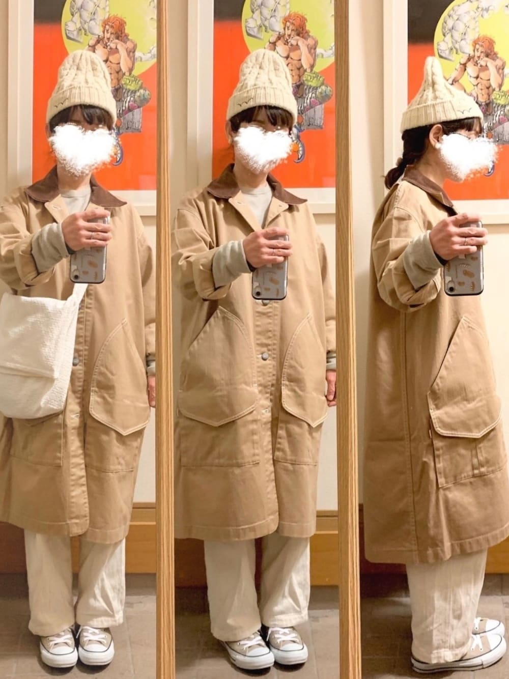 「今日のコーデ、今日の服、今日の買い物、ワントーンコーデ」｜「EDWINのアイテム（帽子、ホワイト系）」を使った、まっきさん（レディース・150cm）の冬コーディネートの1枚目の写真