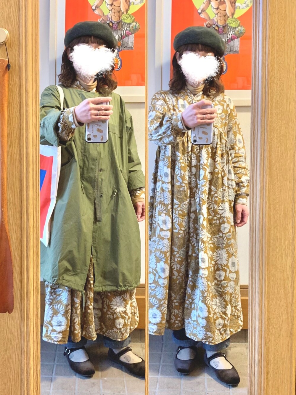 「今日のコーデ、今日の服、ベレー帽、モッズコート、ミックスコーデ、ストラップシューズ」｜「CRAFT STANDARD BOUTIQUEのアイテム（シャツワンピース、ブラウン系）」を使った、まっきさん（レディース・150cm）の冬コーディネートの1枚目の写真