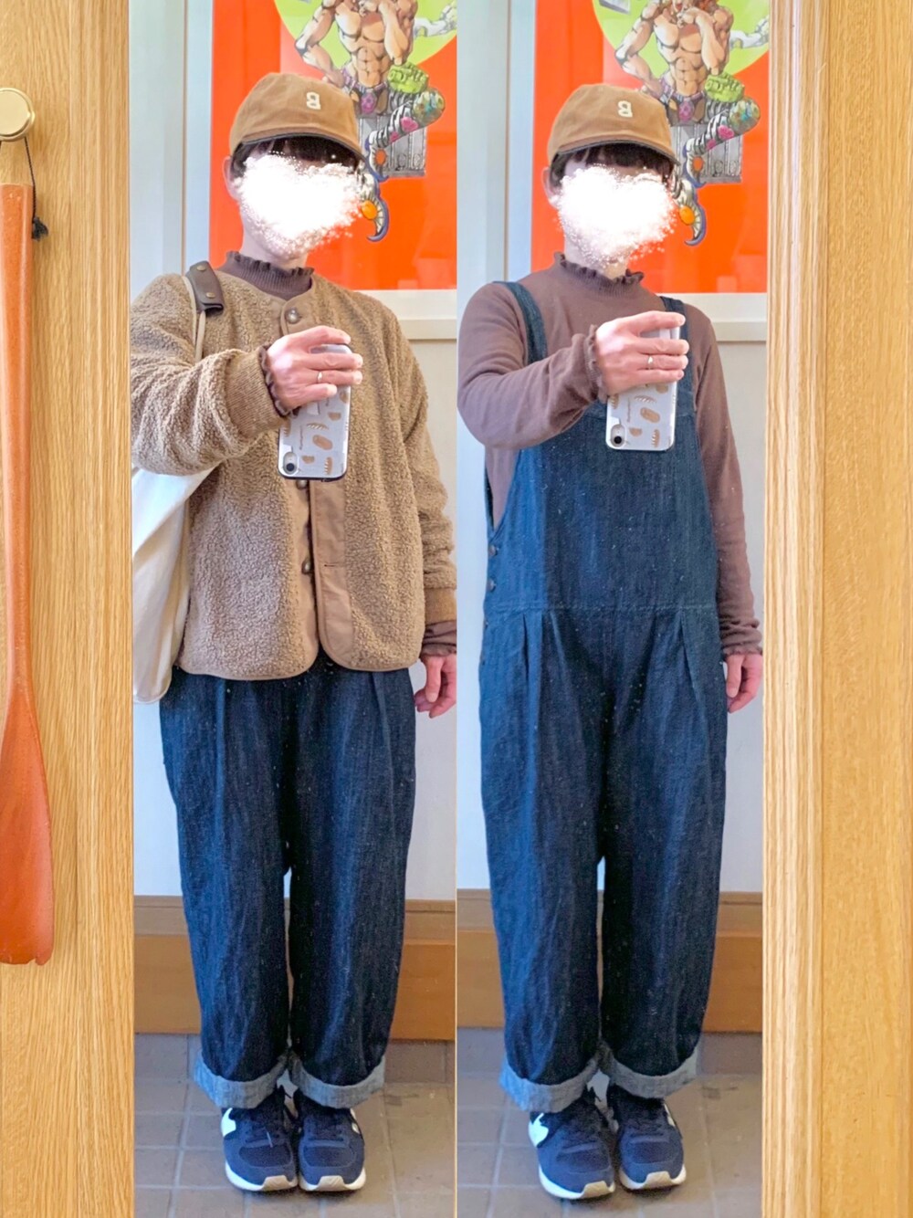 「今日のコーデ、今日の服、キャップ、オーバーオール、モコモコアウター、ミックスコーデ」｜「SUN VALLEYのアイテム（サロペット/オーバーオール、ブルー系）」を使った、まっきさん（レディース・150cm）の冬コーディネートの1枚目の写真