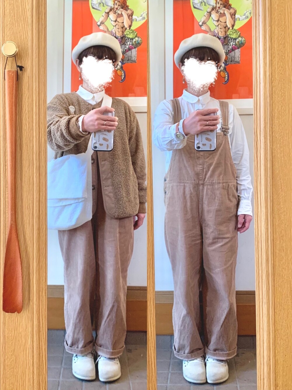 「今日のコーデ、今日の服、ベレー帽、オーバーオール、ラテコーデ、ワントーンコーデ、モンタナ」｜「Samansa Mos2 blueのアイテム（サロペット/オーバーオール、ベージュ系）」を使った、まっきさん（レディース・150cm）の冬コーディネートの1枚目の写真