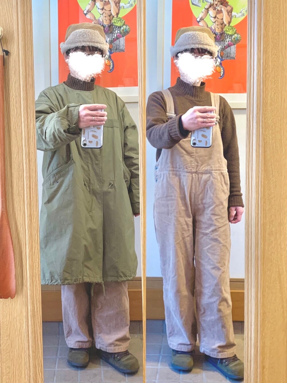 「今日のコーデ、今日の服、防寒、モッズコート、オーバーオール、モンタナ」｜「しまむらのアイテム（ニット/セーター、ブラウン系）」を使った、まっきさん（レディース・150cm）の冬コーディネートの1枚目の写真