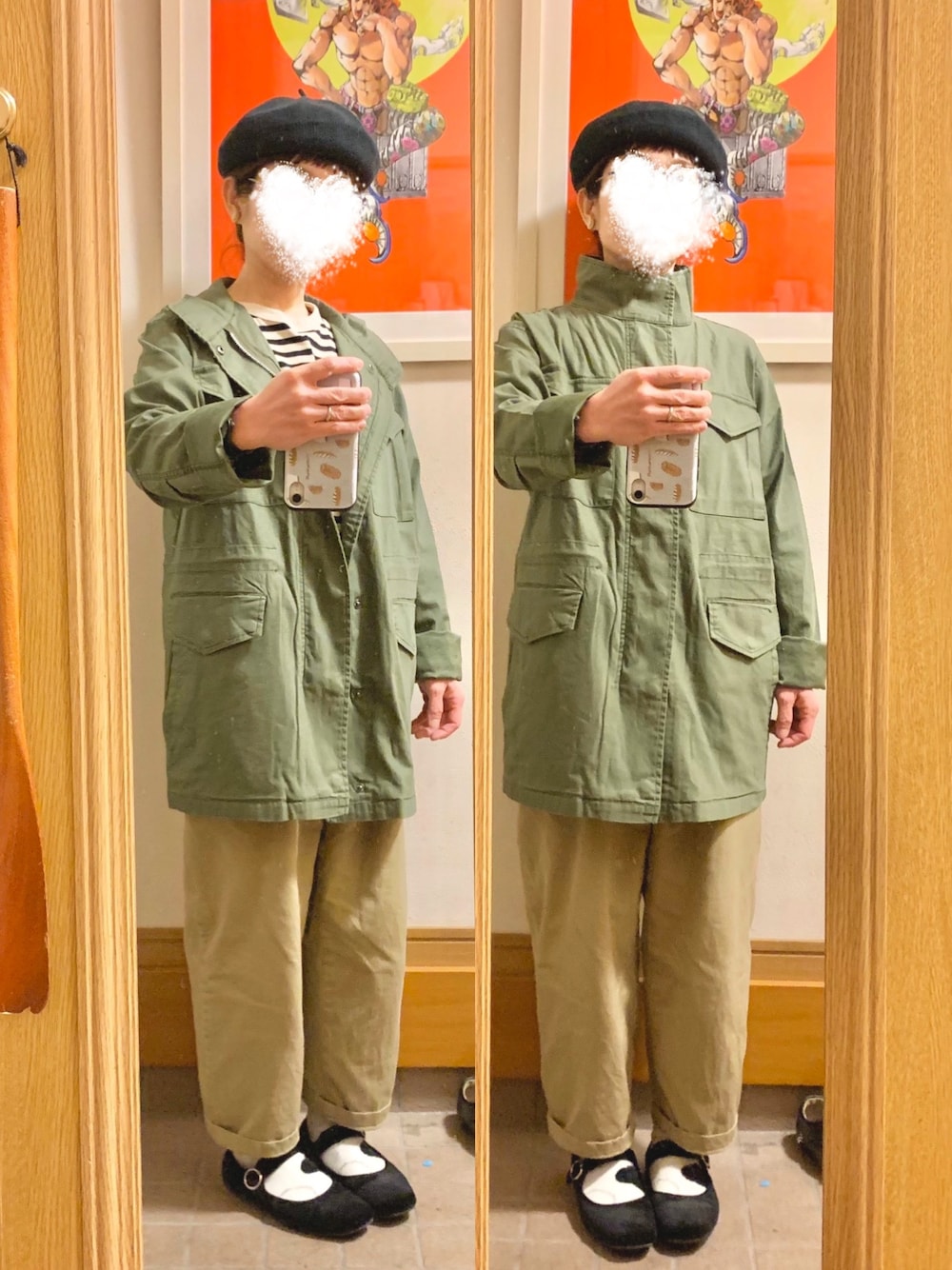 「今日の買い物、ベレー帽、チノパン、男女兼用、ストラップシューズ」｜「improvesのアイテム（ミリタリージャケット、グリーン系）」を使った、まっきさん（レディース・150cm）の春コーディネートの1枚目の写真