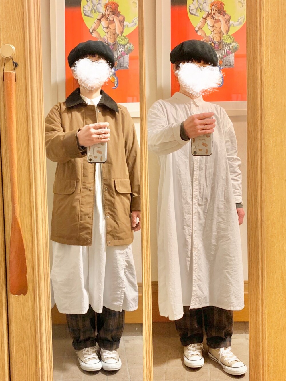 「今日の服、今日のコーデ、ハンティングジャケット、シャツワンピ、ベレー帽」｜「niko and...のアイテム（ハンチング/ベレー帽、ブラック系）」を使った、まっきさん（レディース・150cm）の春コーディネートの1枚目の写真
