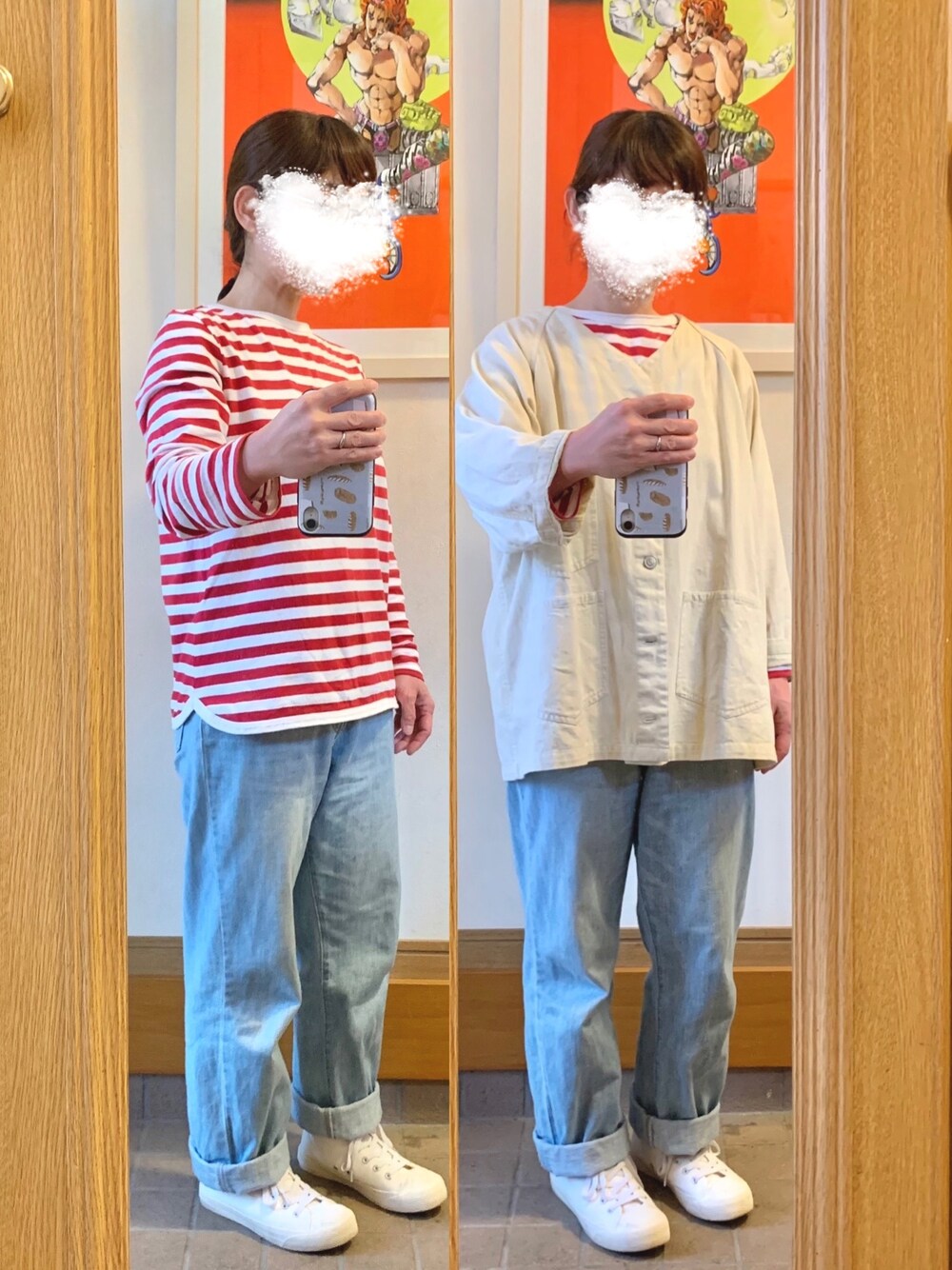 「今日のコーデ、今日の服、ボーダー、薄色デニム、春コーデ」｜「SOのアイテム（Tシャツ/カットソー、レッド系）」を使った、まっきさん（レディース・150cm）の春コーディネートの1枚目の写真