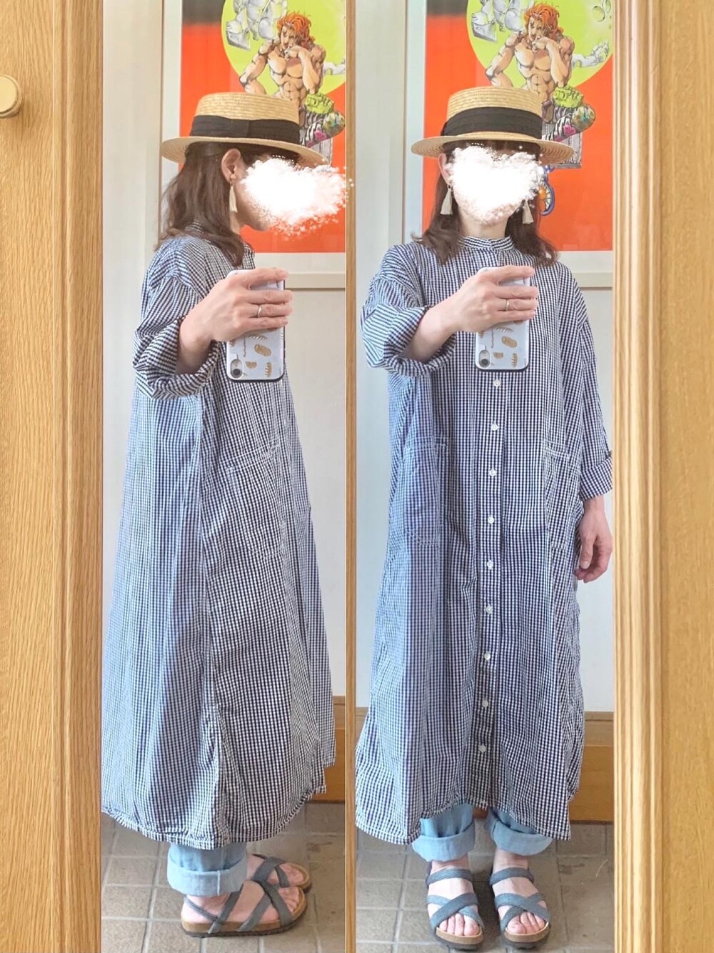 「古着、ギンガムチェック、シャツワンピ」｜「14+のアイテム（ハット、ブラック系）」を使った、まっきさん（レディース・150cm）の春コーディネートの1枚目の写真
