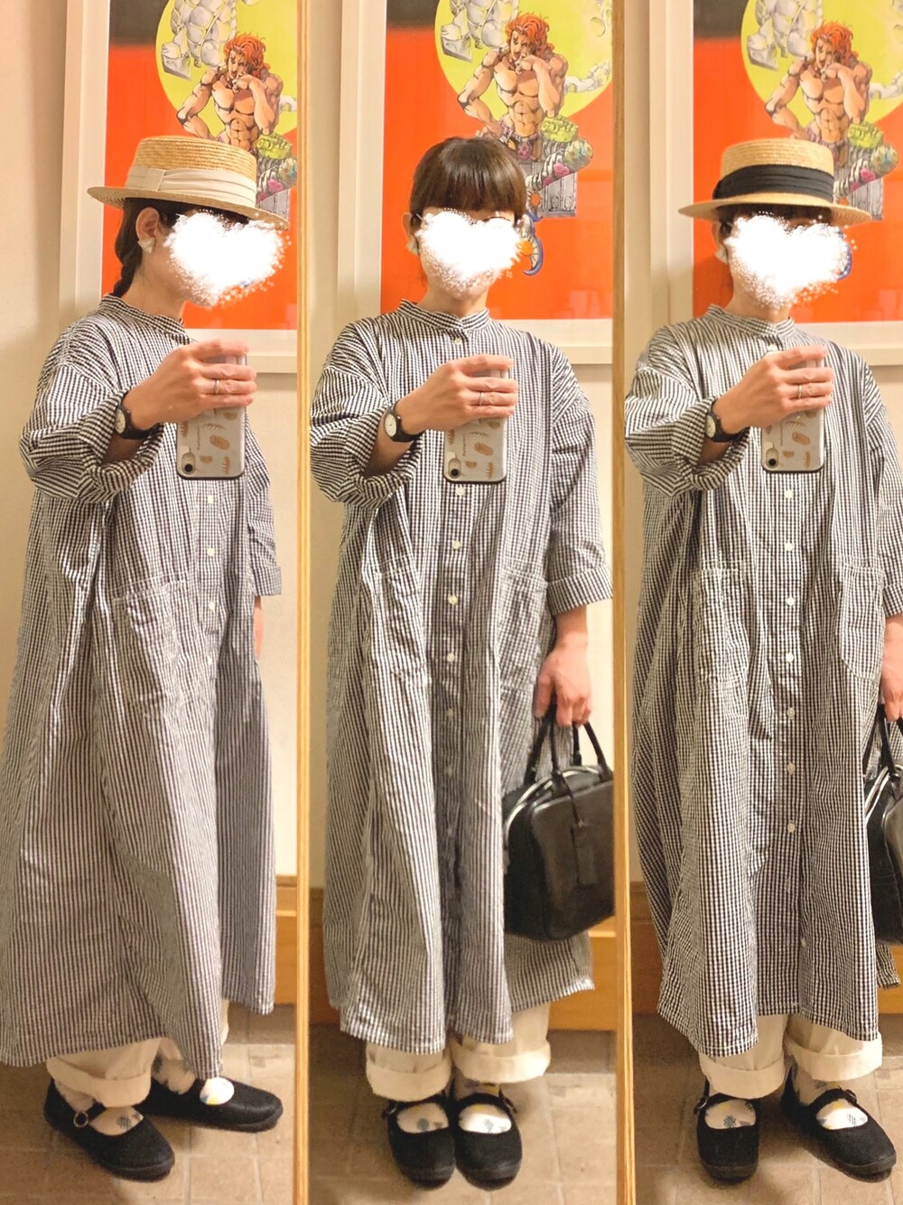 「今日のコーデ、今日の服、古着、ギンガムチェック」｜「clip.tabのアイテム（シャツワンピース、ブラック系）」を使った、まっきさん（レディース・150cm）の春コーディネートの1枚目の写真