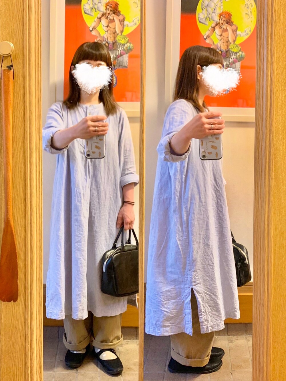 「今日のコーデ、今日の服、古着、水色」｜「Samansa Mos2のアイテム（シャツワンピース、ブルー系）」を使った、まっきさん（レディース・150cm）の春コーディネートの1枚目の写真