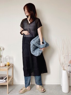 「select MOCA（セレクトモカ）の【GISELe4月号掲載】【GISELe12月号掲載】センタープレスストレートヘムラインカットオフダメージ加工デニム（デニムパンツ）」を使った、ひぃちゃんさん（レディース・163cm）の夏コーディネート