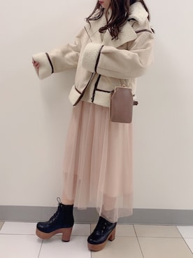 「OLIVE des OLIVE（オリーブデオリーブ）のアイテム（ライダースジャケット）」を使った、ayakaさん（レディース・154cm）の冬コーディネート