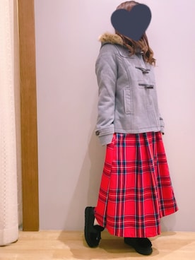 「赤チェック」｜「アイテム（ダウンジャケット/コート）」を使った、さ り ーさん（レディース・154cm）の秋コーディネート