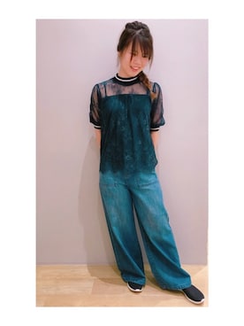 「earth music&ecology（アースミュージックアンドエコロジー）のアイテム（デニムパンツ）」を使った、さ り ーさん（レディース・154cm）の夏コーディネート