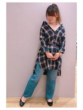 「チェックシャツワンピース」｜「アイテム（その他）」を使った、さ り ーさん（レディース・154cm）の夏コーディネート
