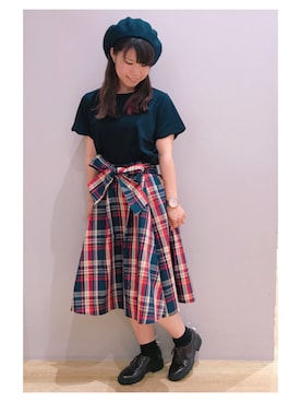 「赤チェック」｜「アイテム（ハンチング/ベレー帽）」を使った、さ り ーさん（レディース・154cm）の夏コーディネート