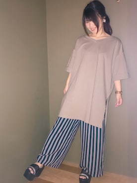 「ストライプパンツ」｜「アイテム（チュニック）」を使った、さ り ーさん（レディース・154cm）の春コーディネート