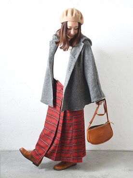 「メルトン」｜「アイテム（ポンチョ）」を使った、staff-Uさん（レディース・152cm）の秋コーディネート