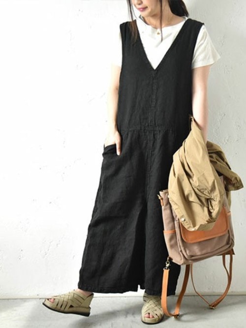 ツムグ tumugu サロペット オーバーオール ブラック フリーサイズ TUMUGU（ツムグ） ソリトリネン サロペット｜ROCOCO ONLINE STORE