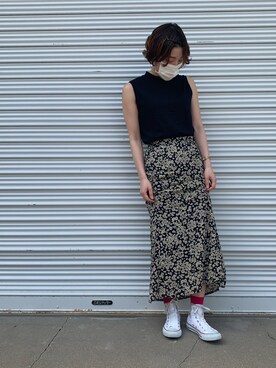 「Doux archives（ドゥアルシーヴ）の単色花デシンスカート（Skirt、ブラック系）」を使った、miiii13さん（レディース・158cm）の夏コーディネート