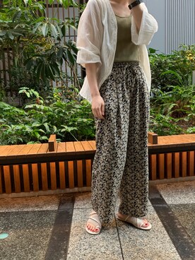 「LAKOLE（ラコレ）のオリエンタルプリントパンツ / LAKOLE（Pants、ブラック系）」を使った、miiii13さん（レディース・158cm）の夏コーディネート