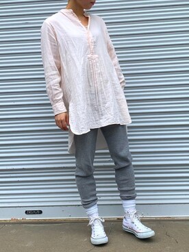 「Morris & Sons（モリスアンドサンズ）のアイテム（Shirts、ピンク系）」を使った、miiii13さん（レディース・158cm）の夏コーディネート